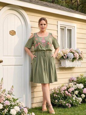 Rafaella,Woman,Summer Dress,Gray,Sz XL,Cotton,Off-The-Shoulder,Knitted Flowers.!